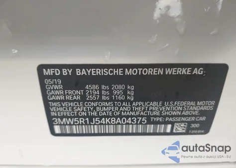 2019 BMW 330I из США, поврежденный, VIN 3MW5R1J54K8A04375